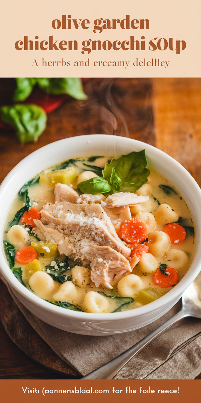 Delicious Olive Garden chicken gnocchi soup served with a side of warm breadsticks.