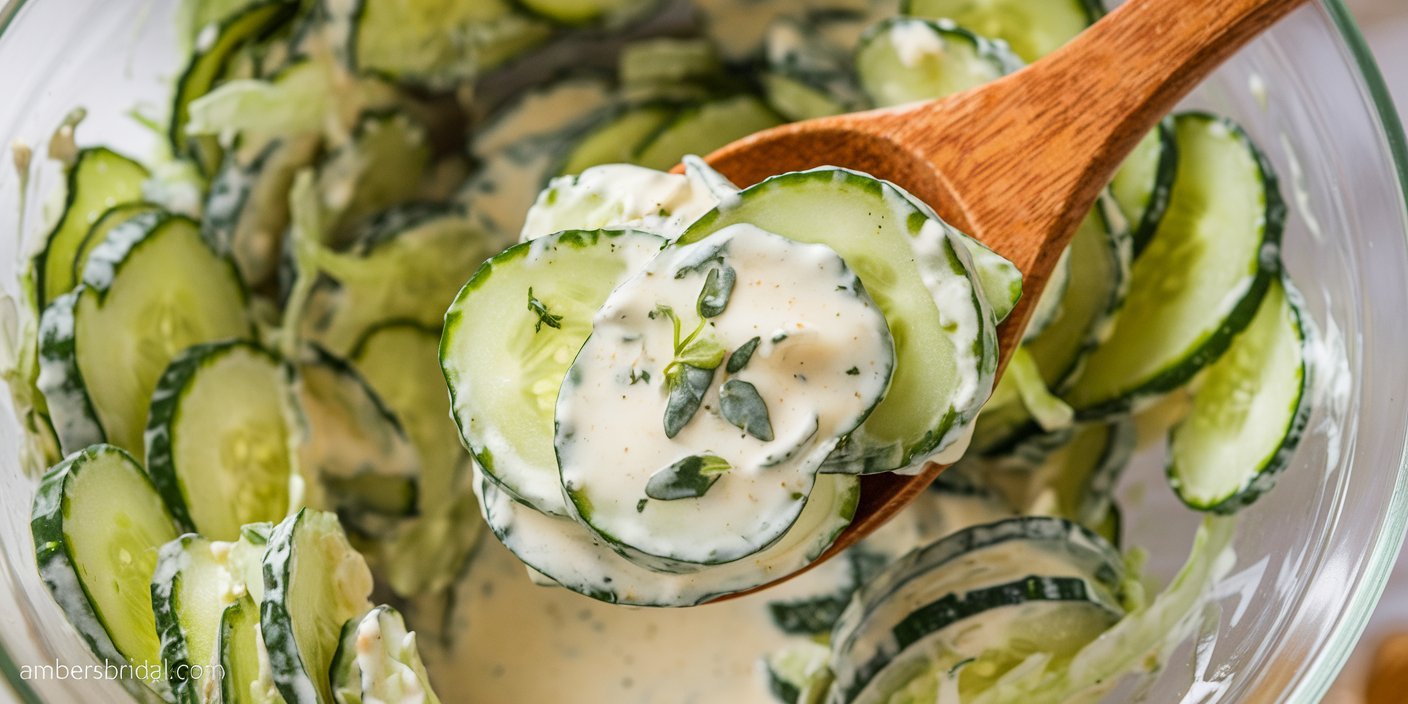Close-up of refreshing Creamy Cucumber Salad garnished with fresh dill, per Blackstone Recipes.
