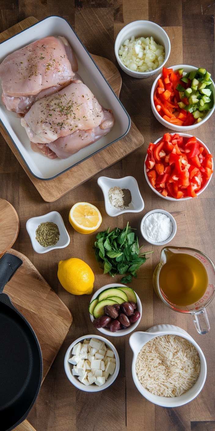 Zesty Greek chicken and lemon rice served with a side of Greek salad.