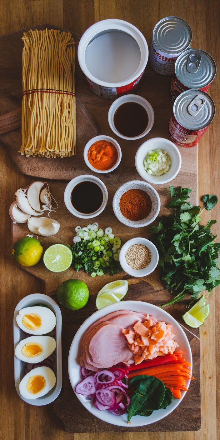 Close-up of vibrant coconut curry ramen with noodles, tofu, and a rich broth.