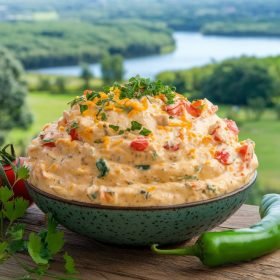 Creamy and flavorful boat dip served with tortilla chips and fresh veggies.