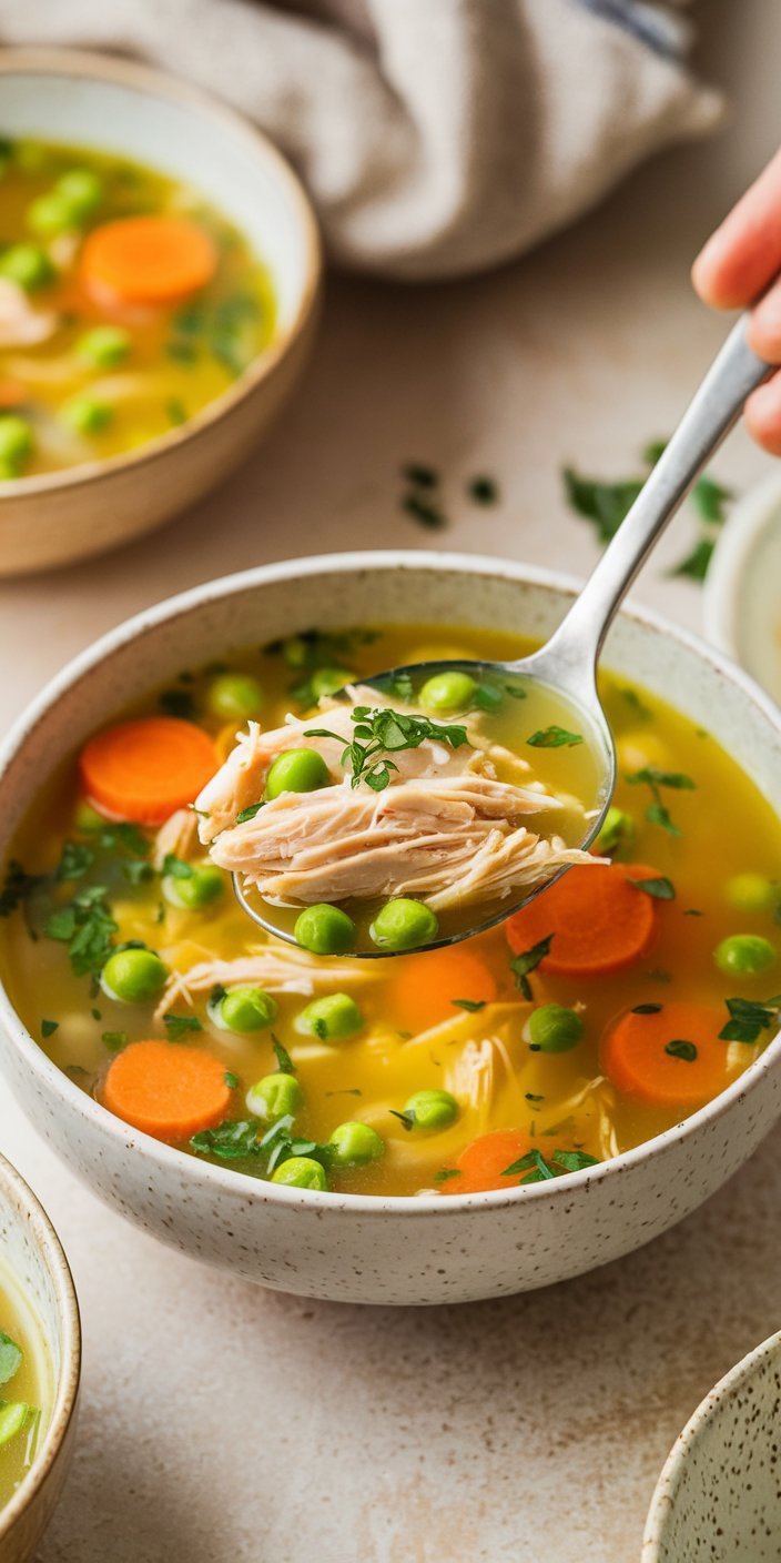 Bowl of anti inflammatory turmeric chicken soup with a vibrant yellow hue from turmeric