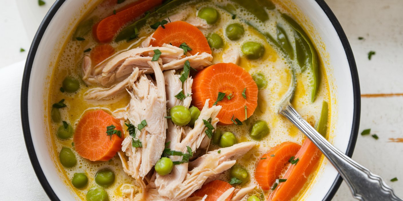 Golden anti inflammatory turmeric chicken soup served in a bowl with fresh coriander leaves.