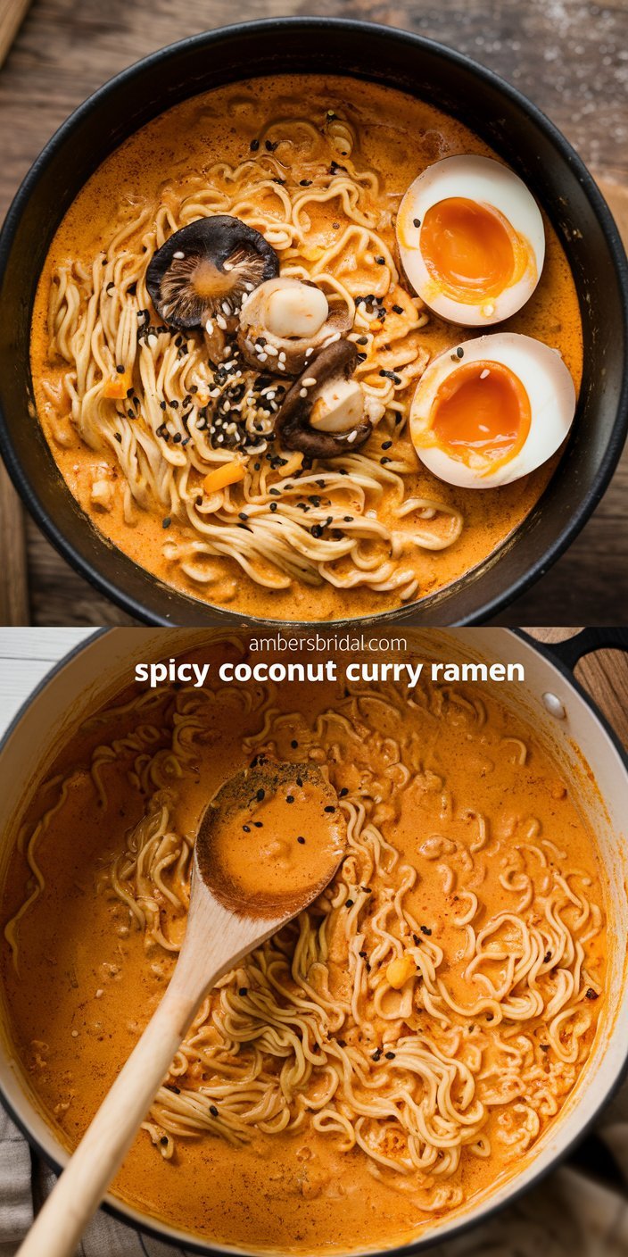 Homemade coconut curry ramen featuring mushrooms, spinach, and rice noodles.