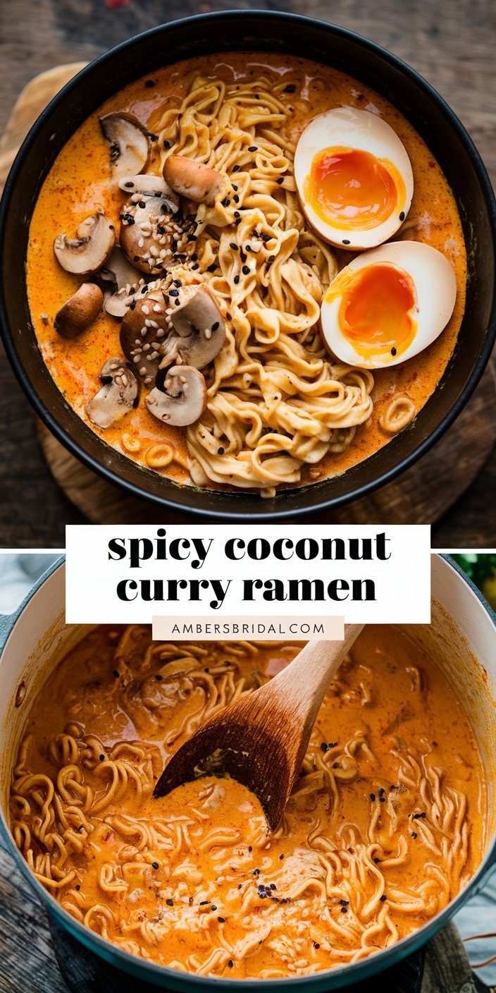 Comforting bowl of coconut curry ramen with tender chicken and a creamy broth