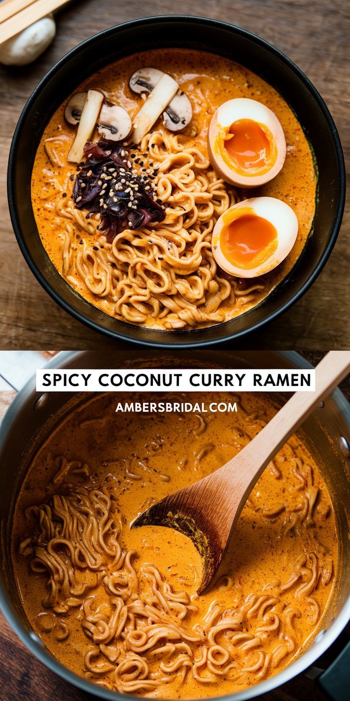 Spicy and aromatic coconut curry ramen served with fresh herbs and vegetables.