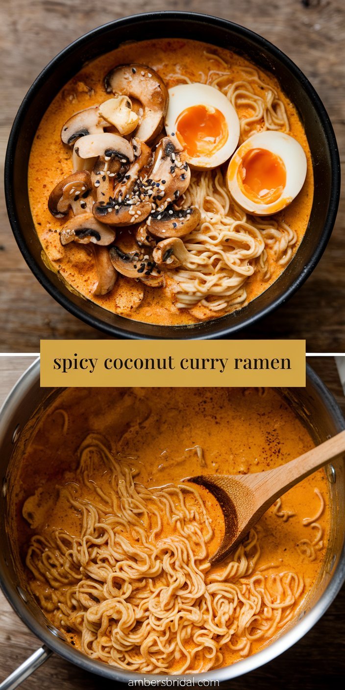 Delicious coconut curry ramen garnished with chili flakes and a soft-boiled egg