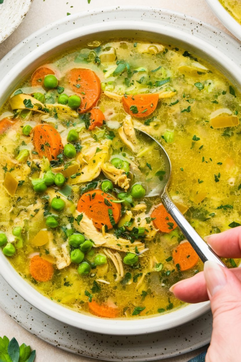 Comforting anti inflammatory turmeric chicken soup simmering in a large pot with aromatic spices.