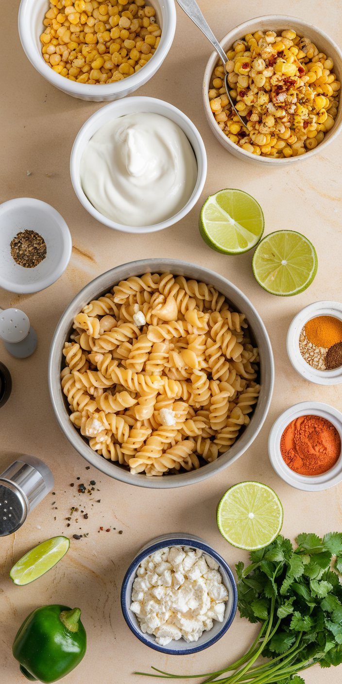 Bowl of vibrant Mexican Street Corn Pasta Salad garnished with cilantro, from Blackstone Recipes.