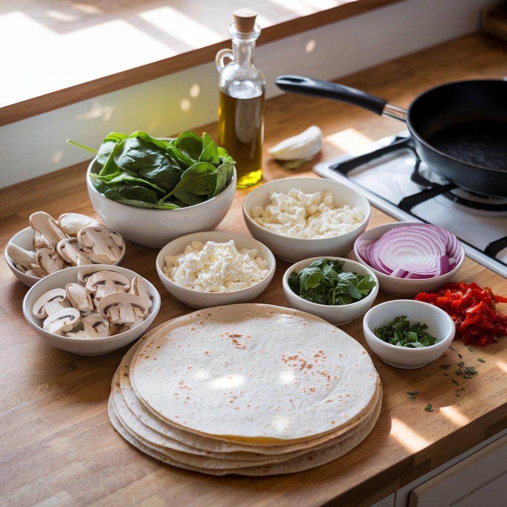 Crispy feta and spinach quesadillas recipe served with a side of salsa and sour cream.”