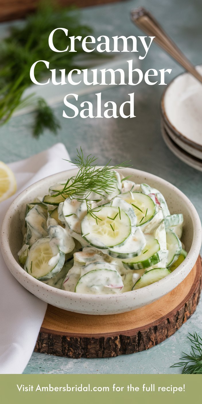 Serving dish of Creamy Cucumber Salad ready for picnics, courtesy of Blackstone Recipes.
