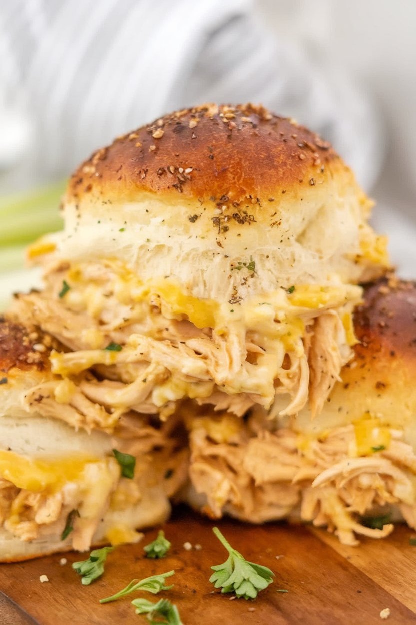 Family-style serving of buffalo chicken mini sandwiches from Blackstone Recipes.