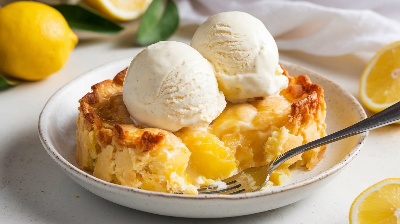 Delicious lemon cobbler garnished with powdered sugar and a slice of fresh lemon.