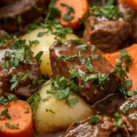 Close-up of slow cooker garlic butter beef bites and potatoes with a golden, buttery glaze.