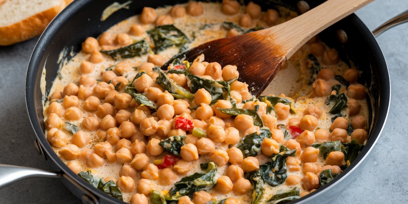 Close-up of rich and flavorful Marry Me Chickpeas in a savory tomato and herb sauce.