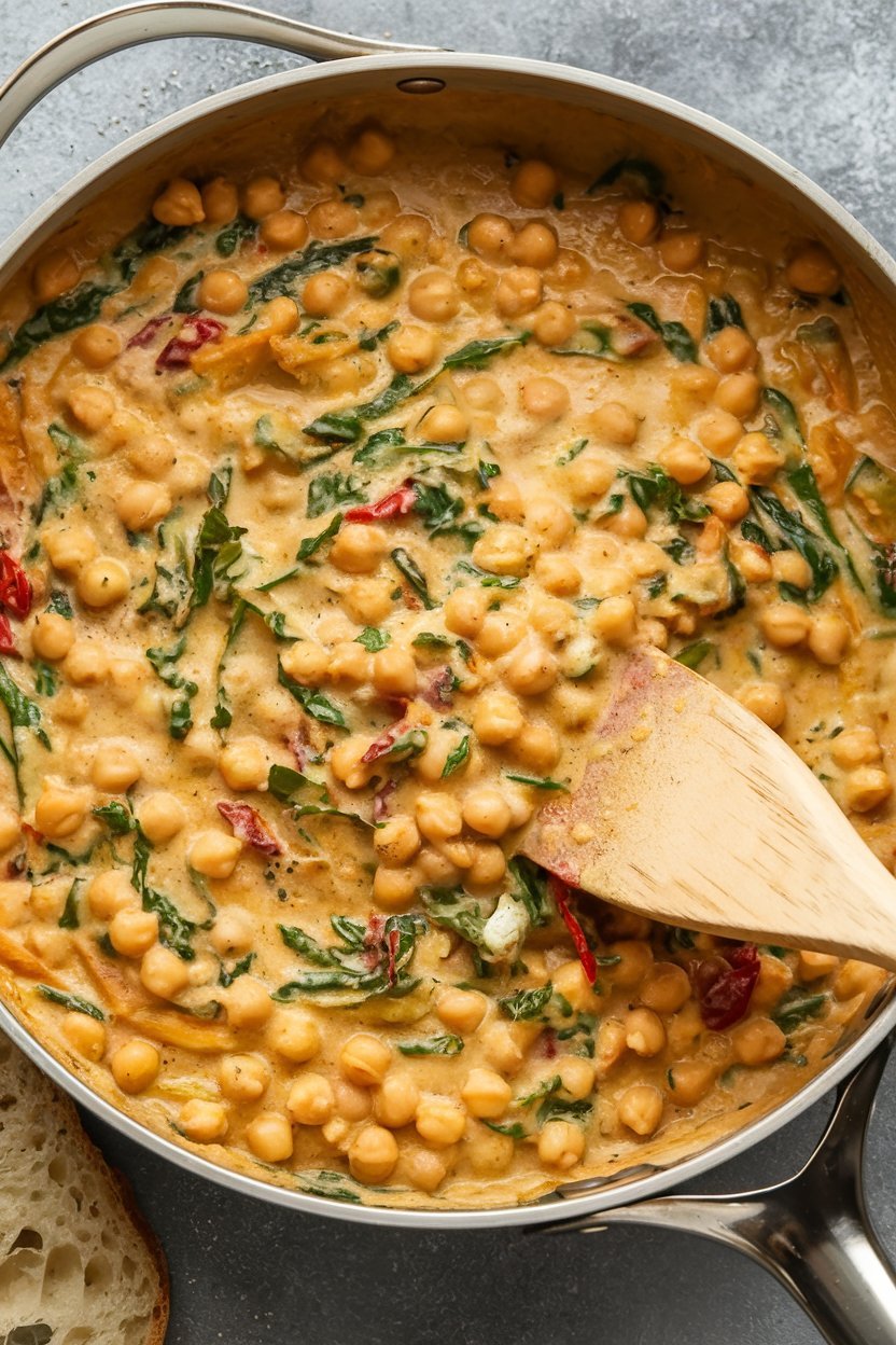 Savory Marry Me Chickpeas served alongside warm naan bread.