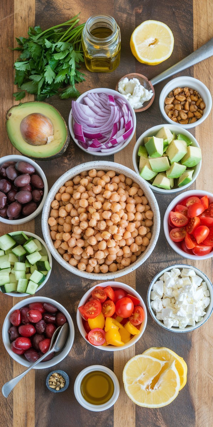 Colorful chickpea salad with diced cucumbers, tomatoes, and fresh parsley.