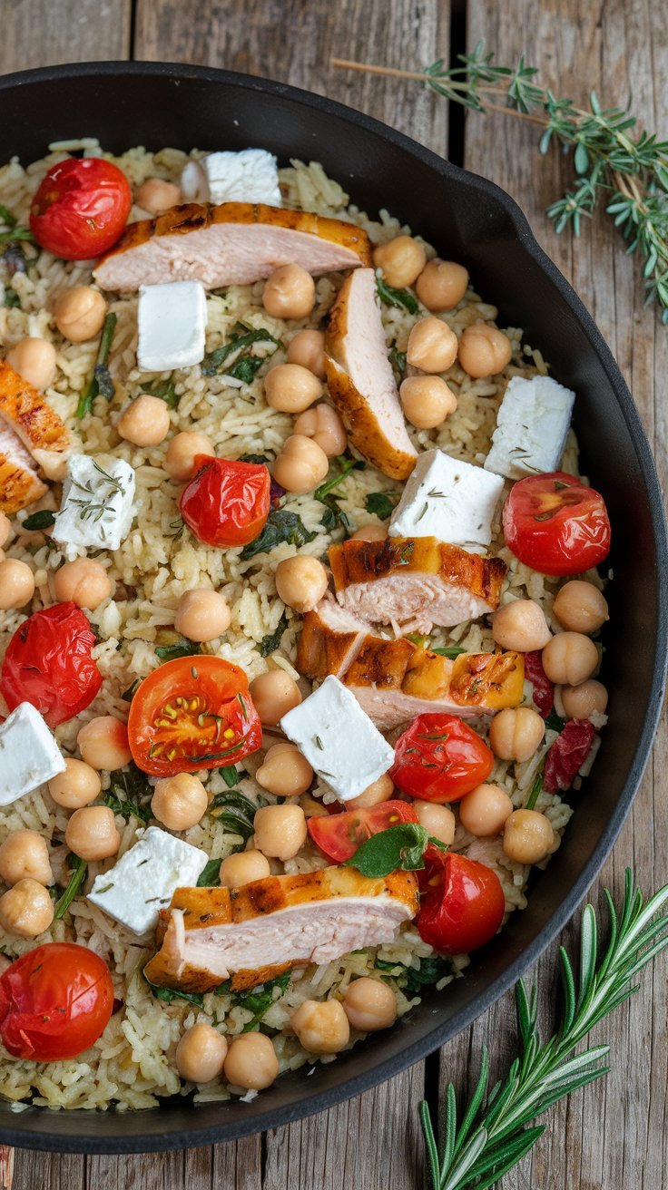 Baked Greek chicken and lemon rice with a golden, crispy skin.