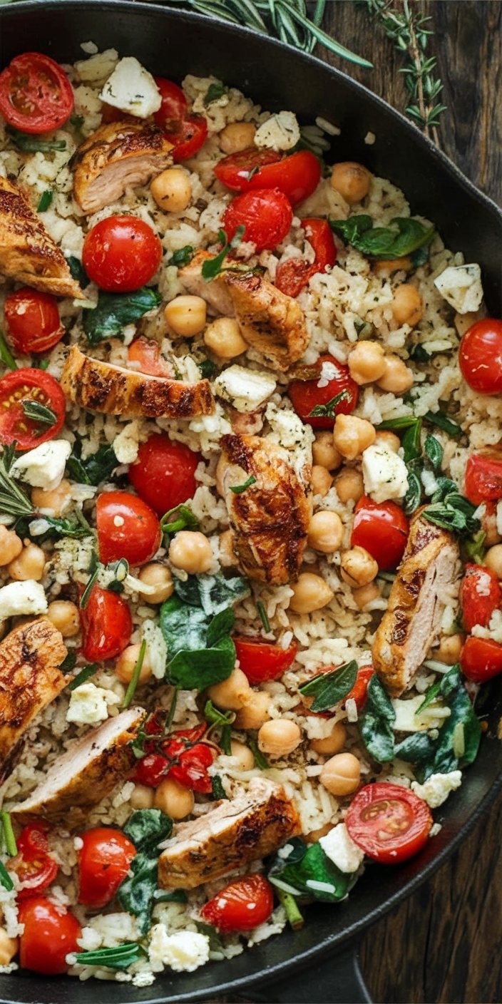Close-up of Greek chicken and lemon rice garnished with parsley and lemon wedges.
