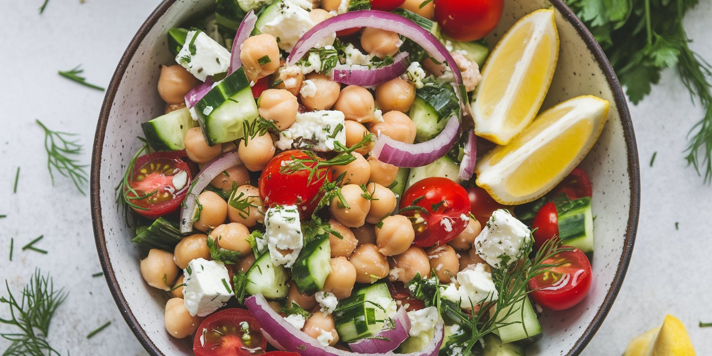 Vibrant chickpea salad with a mix of crunchy vegetables and zesty spices.
