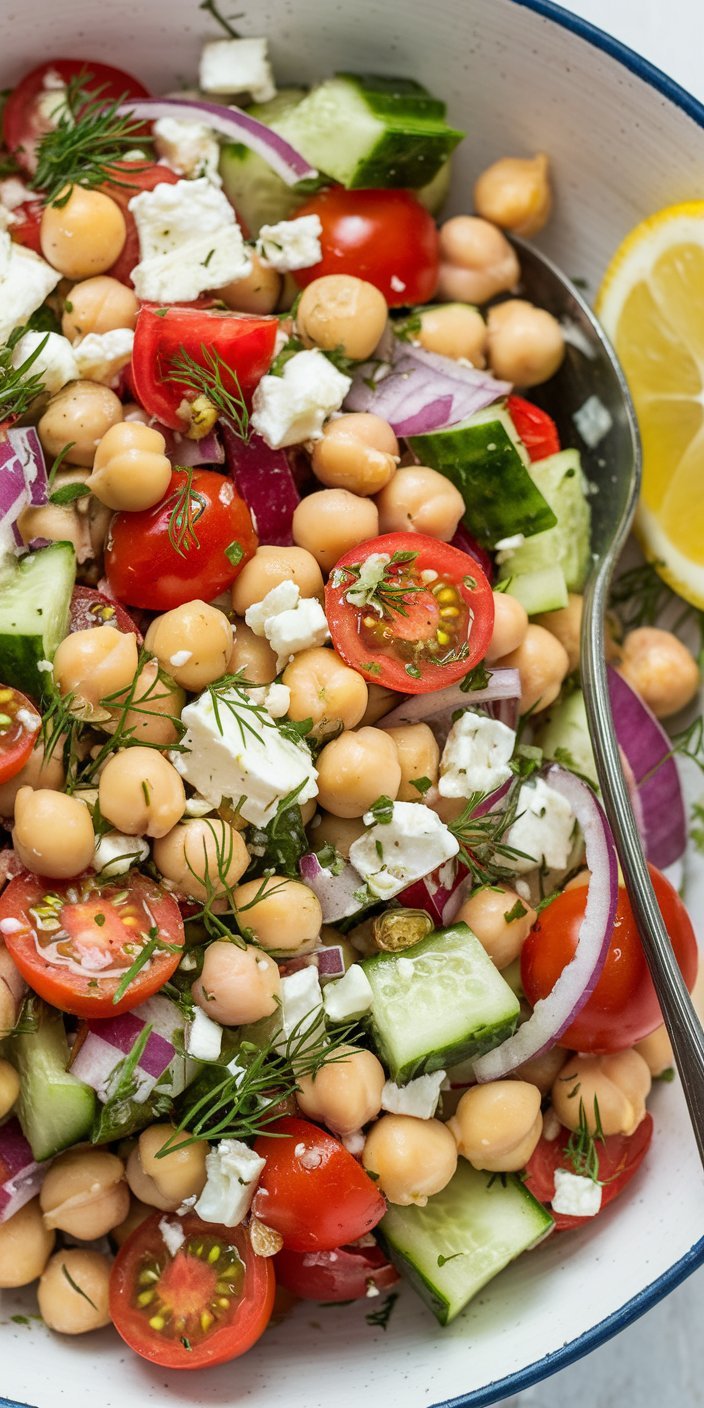 Hearty chickpea salad loaded with colorful bell peppers and a lemon vinaigrette.