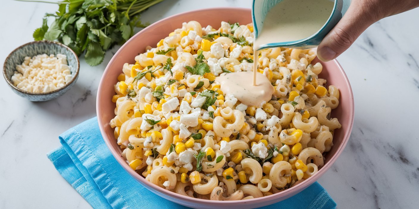 Close-up of zesty Mexican Street Corn Pasta Salad drizzled with tangy sauce, courtesy of Blackstone Recipes