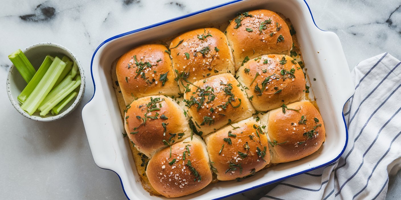 Stack of Buffalo Chicken Sliders garnished with fresh lettuce, courtesy of Blackstone Recipes
