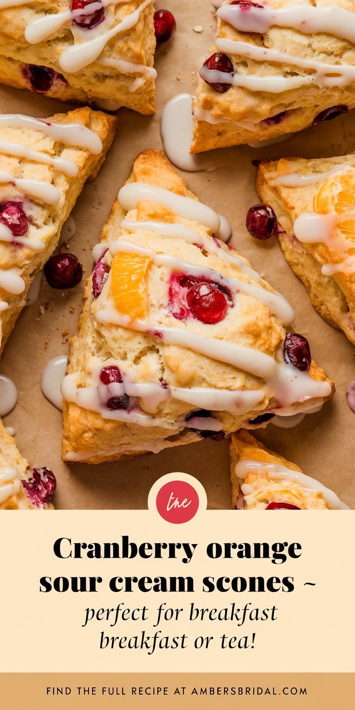 Homemade cranberry orange sour cream scones arranged on a baking sheet, fresh from the oven.