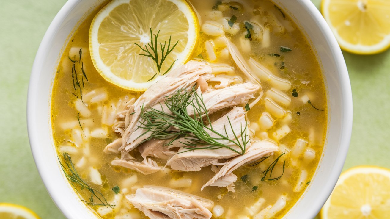 Classic Greek Lemon Chicken Soup featuring a clear, bright broth with orzo pasta and shredded chicken.