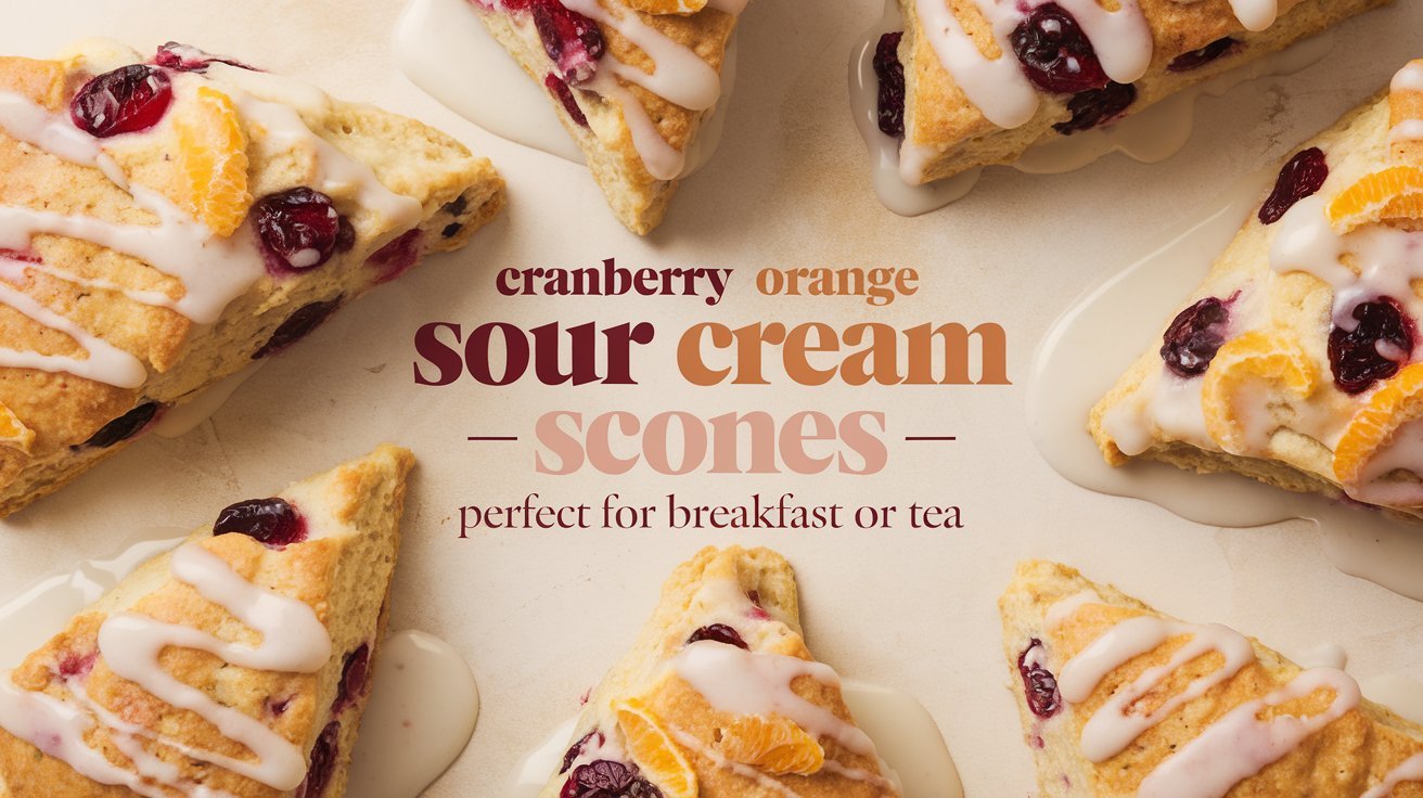 Cranberry orange sour cream scones served with a side of fresh whipped cream and jam.