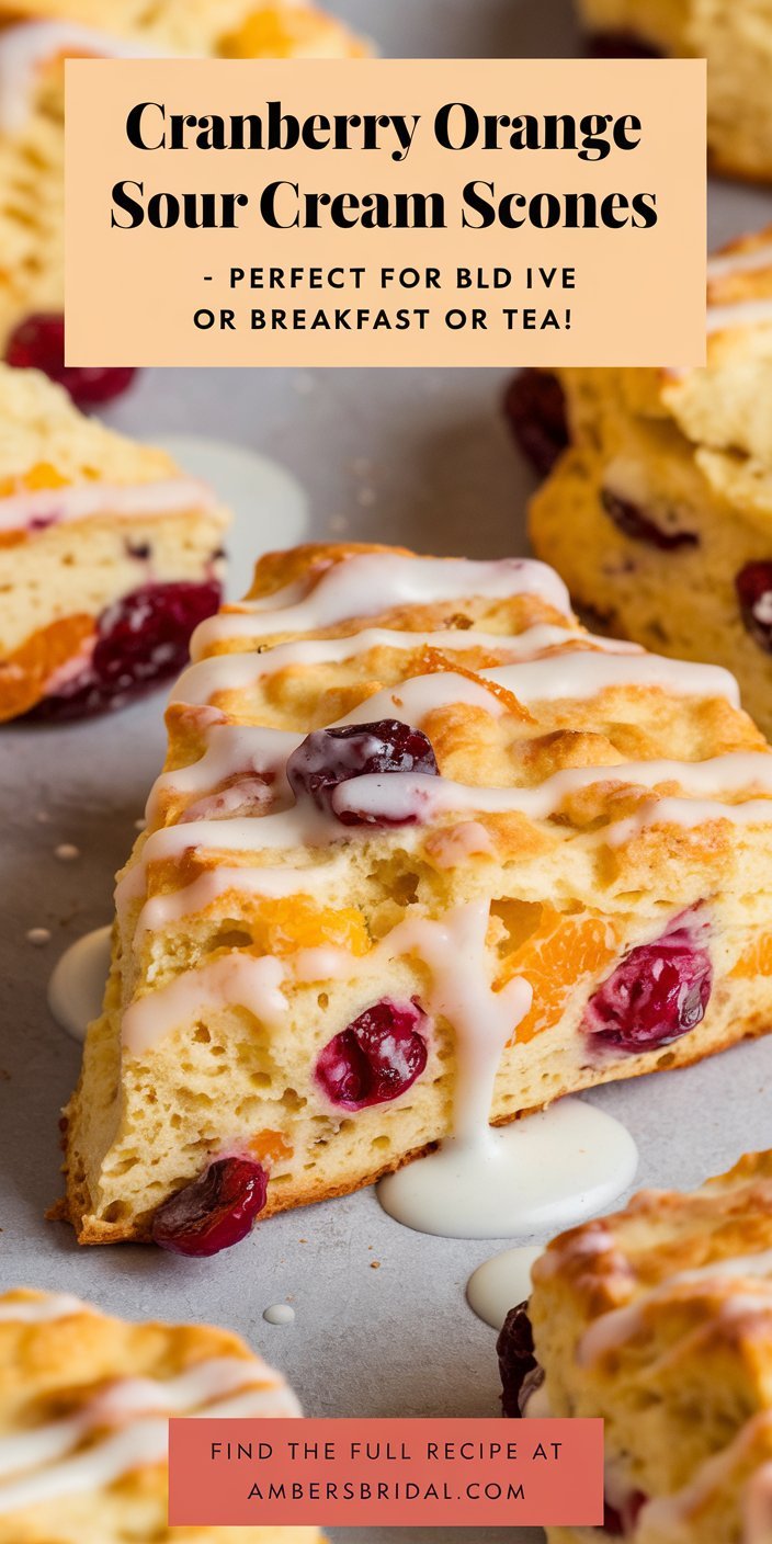 Freshly baked cranberry orange sour cream scones with a golden crust and citrus glaze.