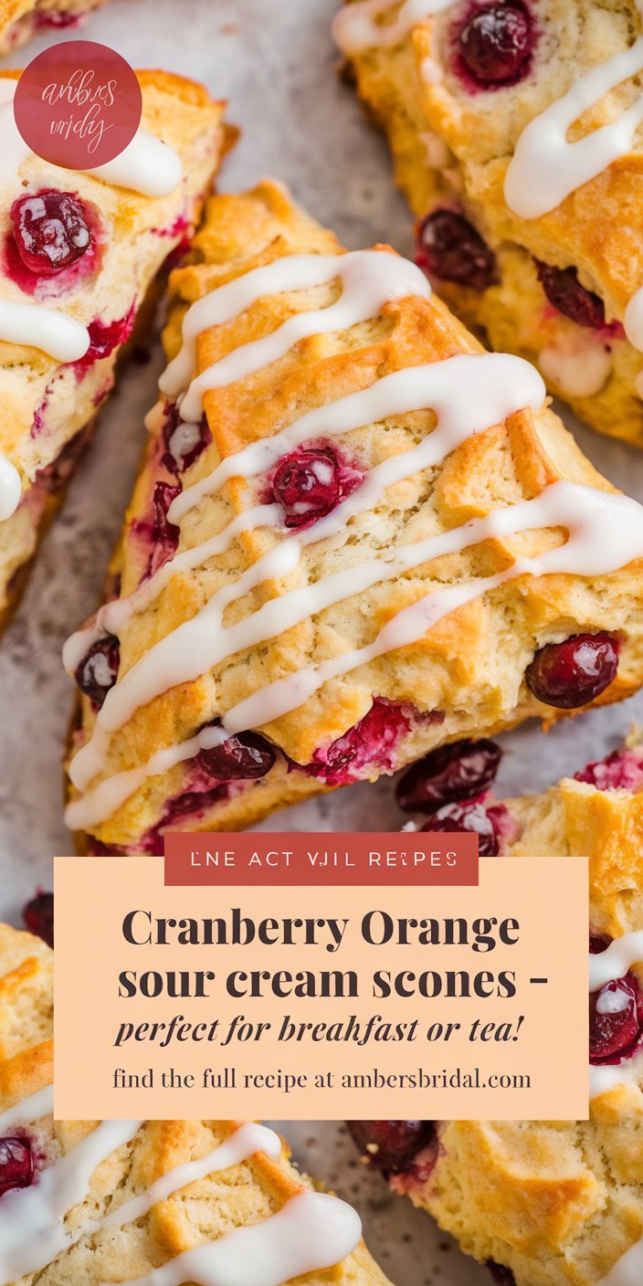 Rustic cranberry orange sour cream scones topped with a light dusting of powdered sugar.