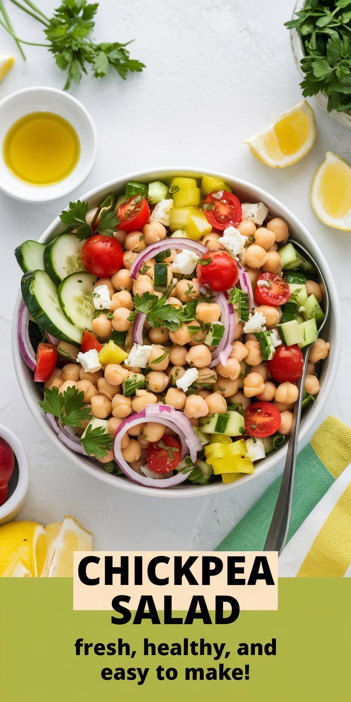 Bowl of chickpea salad served with warm pita bread and a side of hummus.