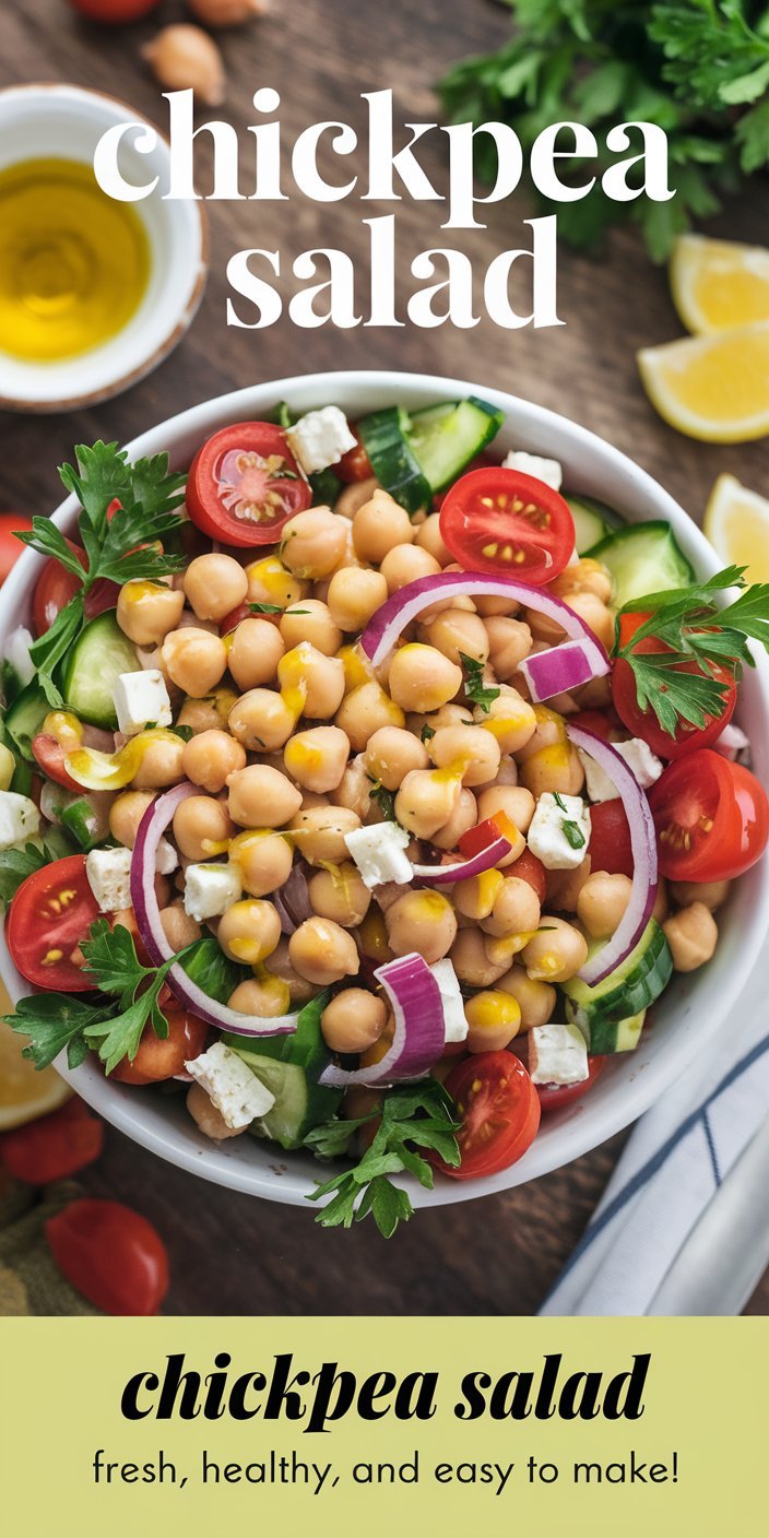Vibrant chickpea salad with a mix of crunchy vegetables and zesty spices.