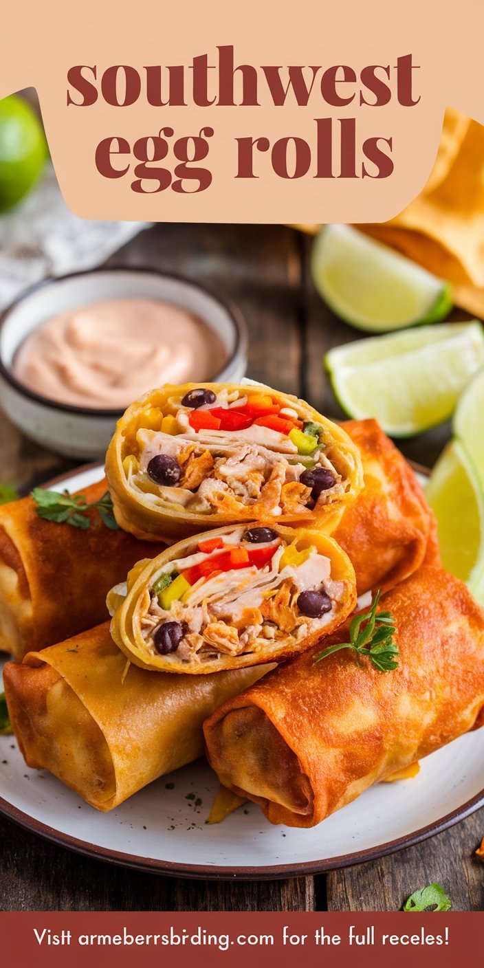 Vegetarian southwest egg rolls with a filling of beans, corn, and peppers.