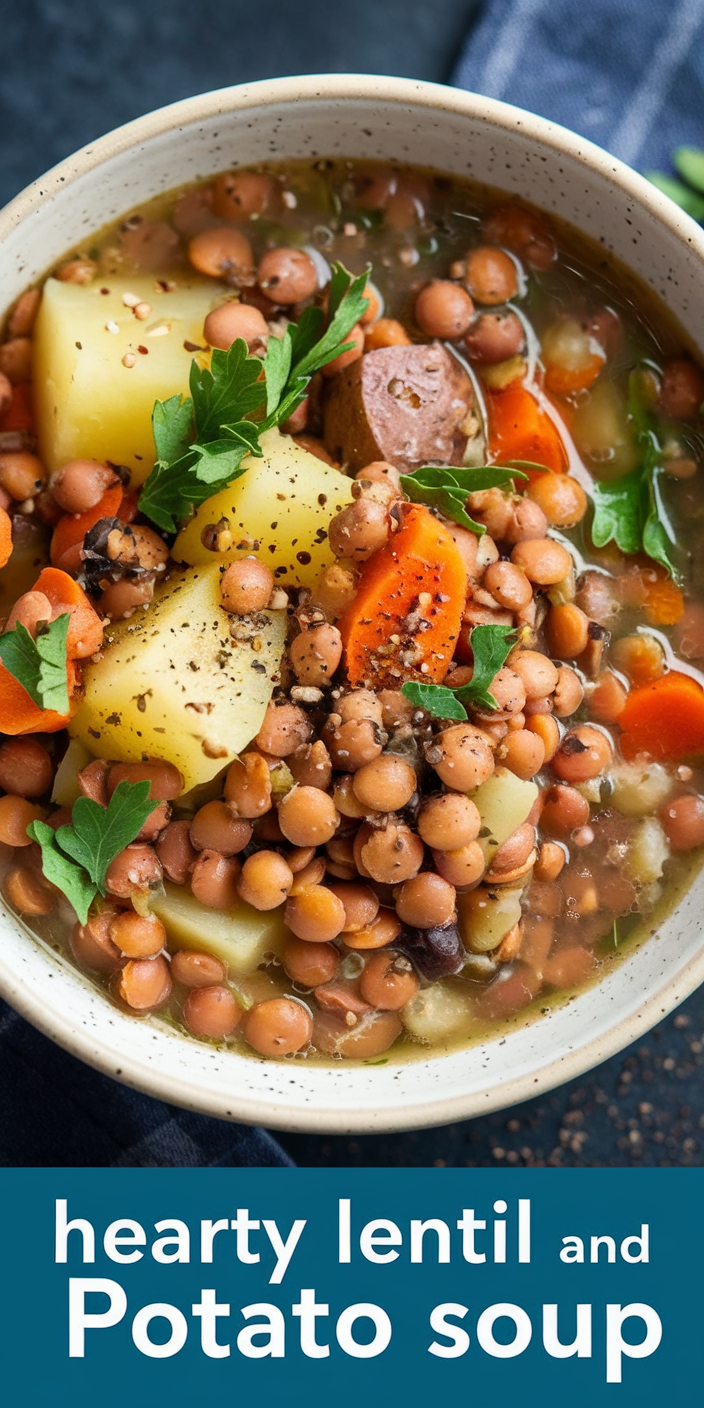 Homemade lentil and potato soup served in a rustic bowl and garnished with fresh parsley
