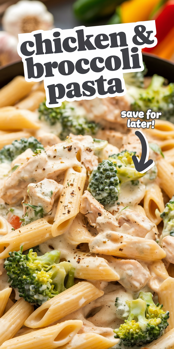 Homemade chicken and broccoli pasta with a creamy garlic sauce and lightly steamed broccoli