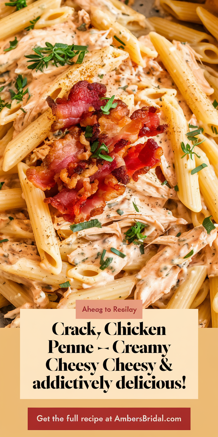 Delicious crack chicken penne with tender chicken, perfectly cooked penne, and a creamy, spicy sauce
