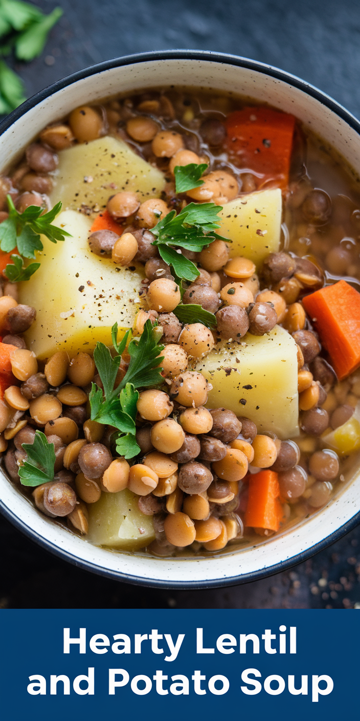 Traditional lentil and potato soup prepared with garlic, onions, and a blend of spices for extra depth