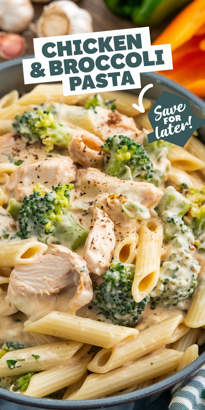 Rustic chicken and broccoli pasta plated with vibrant green broccoli and succulent chicken chunks.