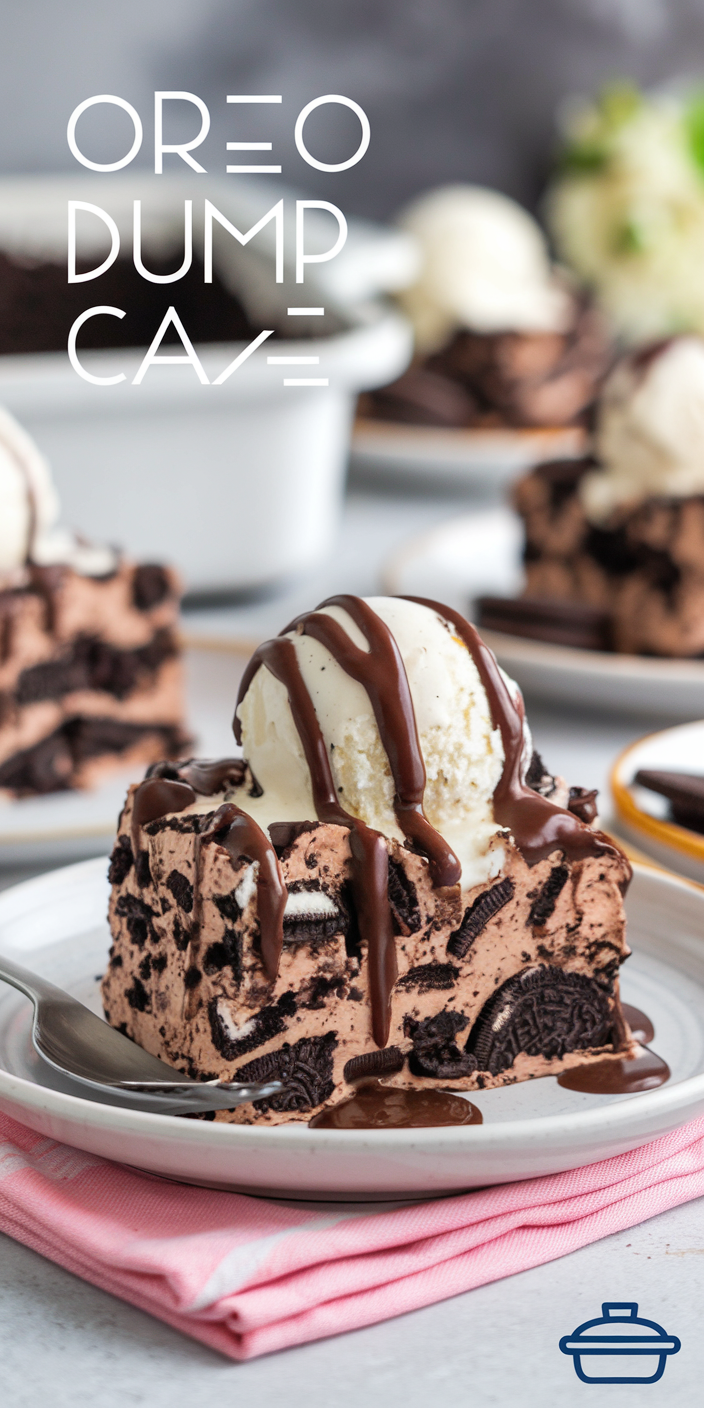 Close-up of Oreo Dump Cake showcasing a fudgy base topped with crunchy Oreo cookie pieces