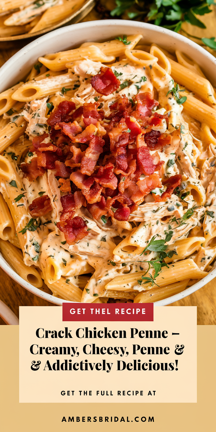 lose-up of crack chicken penne showcasing juicy shredded chicken tossed with penne pasta in a rich, addictive sauce.