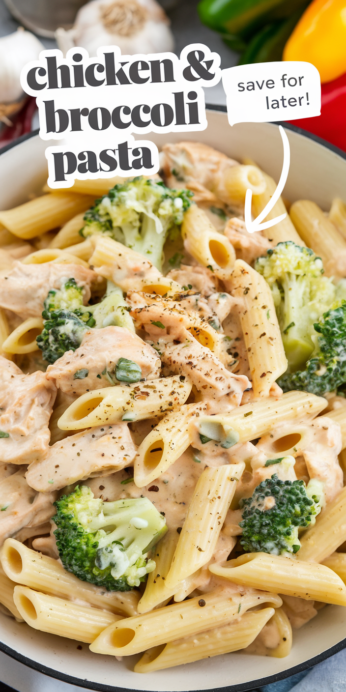 Close-up of chicken and broccoli pasta showcasing tender chicken pieces and crisp broccoli florets in a rich sauce