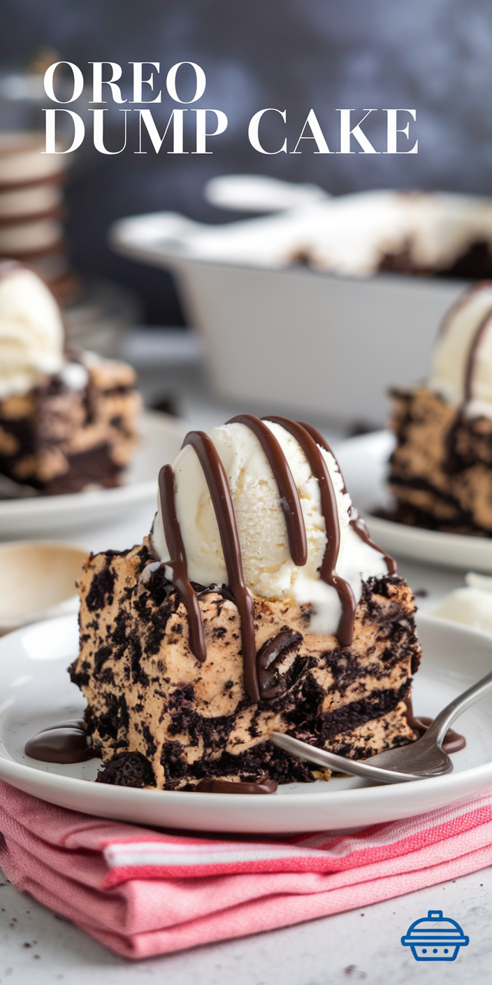 Homemade Oreo Dump Cake served in a glass dish, featuring generous layers of cookie crumbles and chocolate drizzle