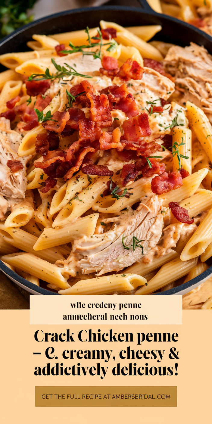 lose-up of crack chicken penne showcasing juicy shredded chicken tossed with penne pasta in a rich, addictive sauce.