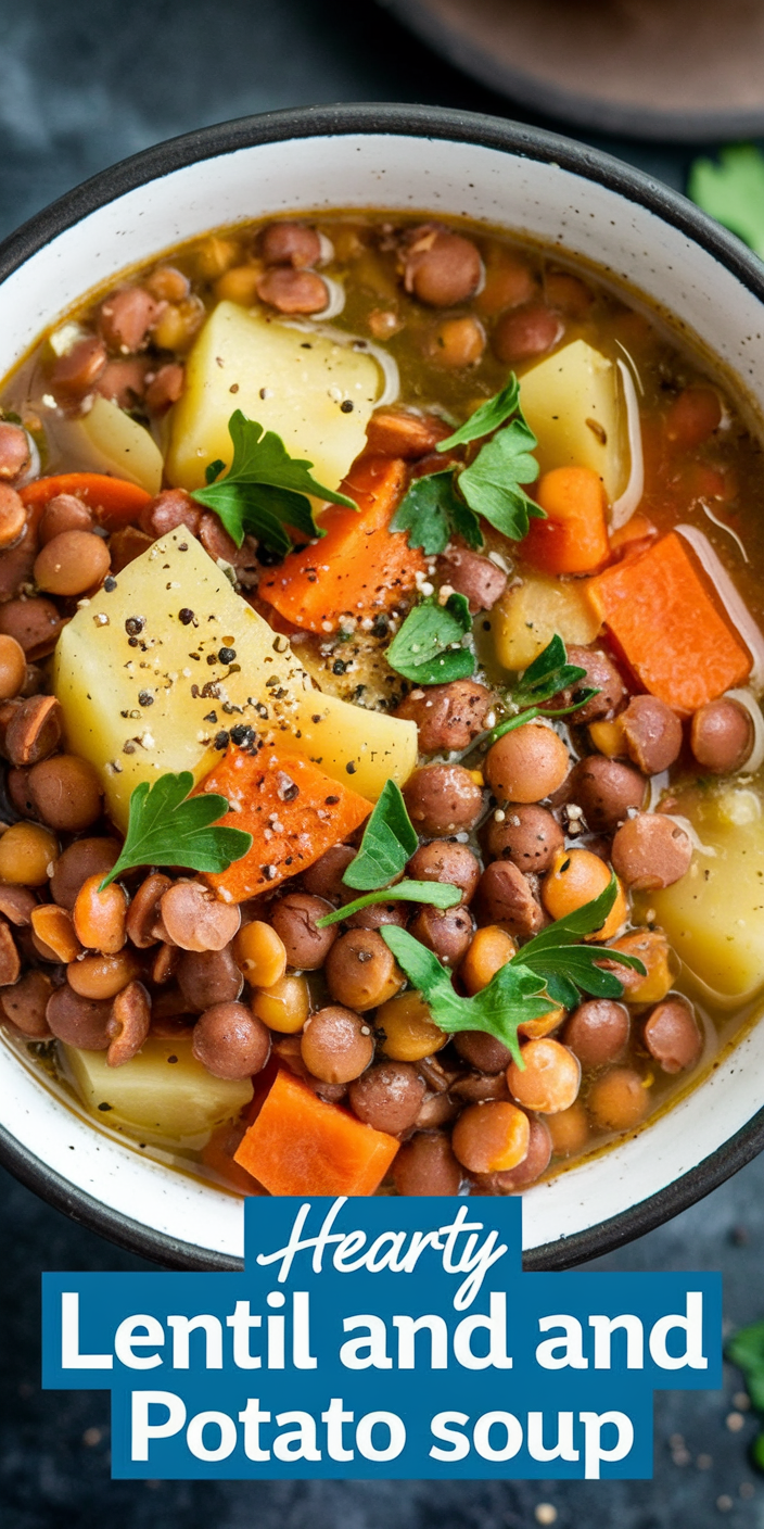 Close-up of lentil and potato soup showcasing tender lentils, diced potatoes, and a flavorful, rustic broth.