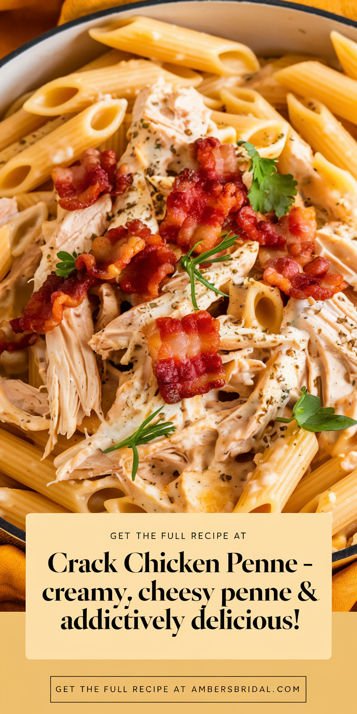 Hearty crack chicken penne featuring succulent chicken pieces, al dente pasta, and a velvety, flavorful sauce.