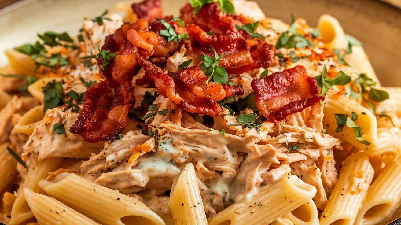 Rustic crack chicken penne plated beautifully with a drizzle of creamy sauce and a garnish of fresh parsley