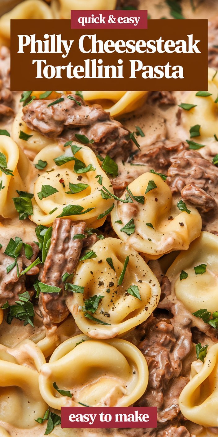 Rustic Philly Cheesesteak Tortellini Pasta featuring tender beef, colorful bell peppers, and a savory cheese blend