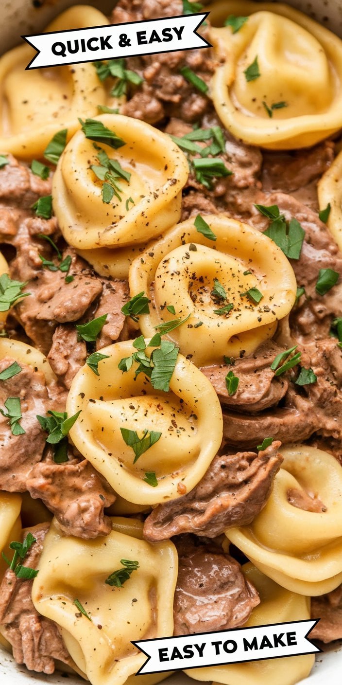 Homemade Philly Cheesesteak Tortellini Pasta with perfectly cooked tortellini tossed in a creamy, steak-infused sauce.